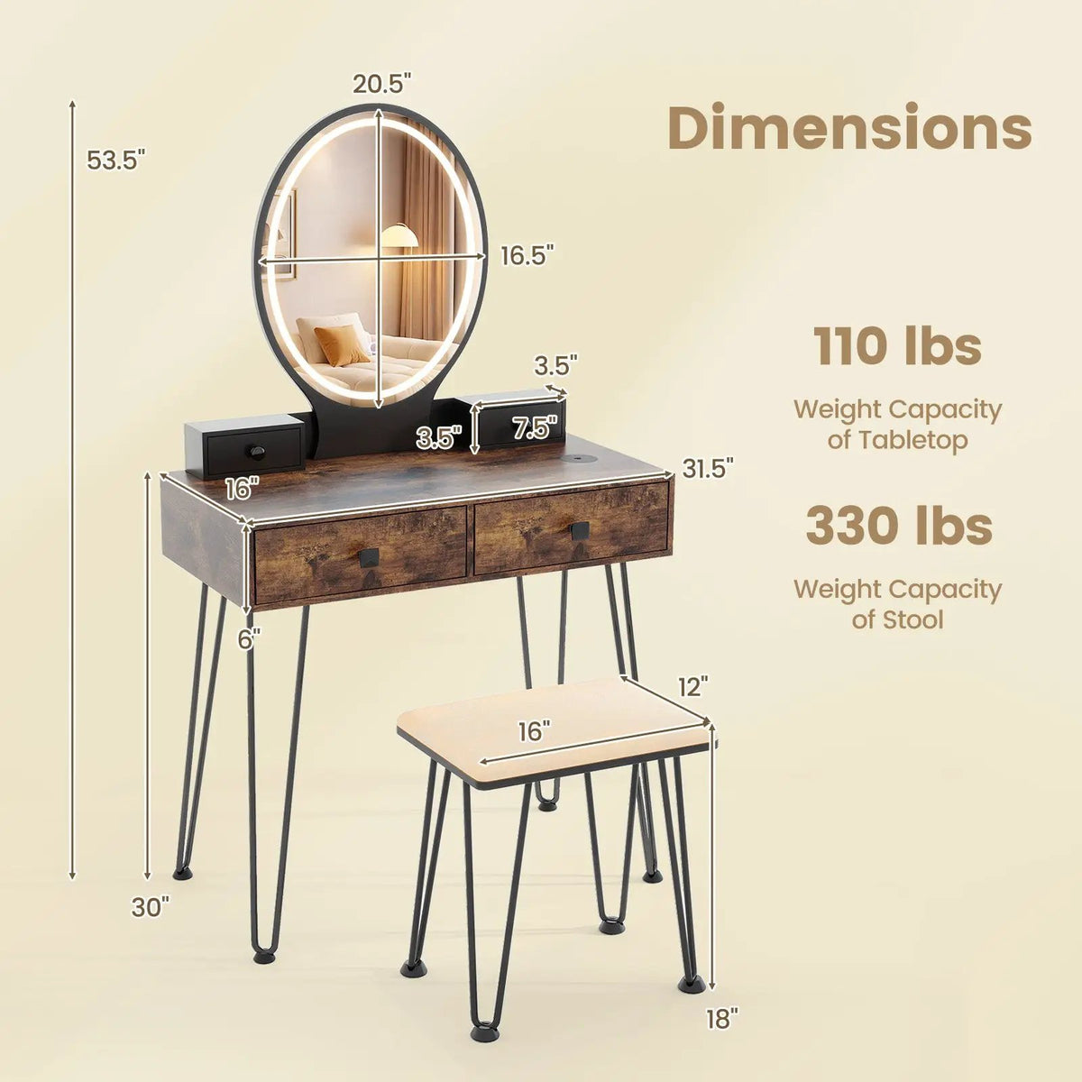 Vanity Table Set with 3-Color Lighted Dimmable Mirror, photo 5 of 9