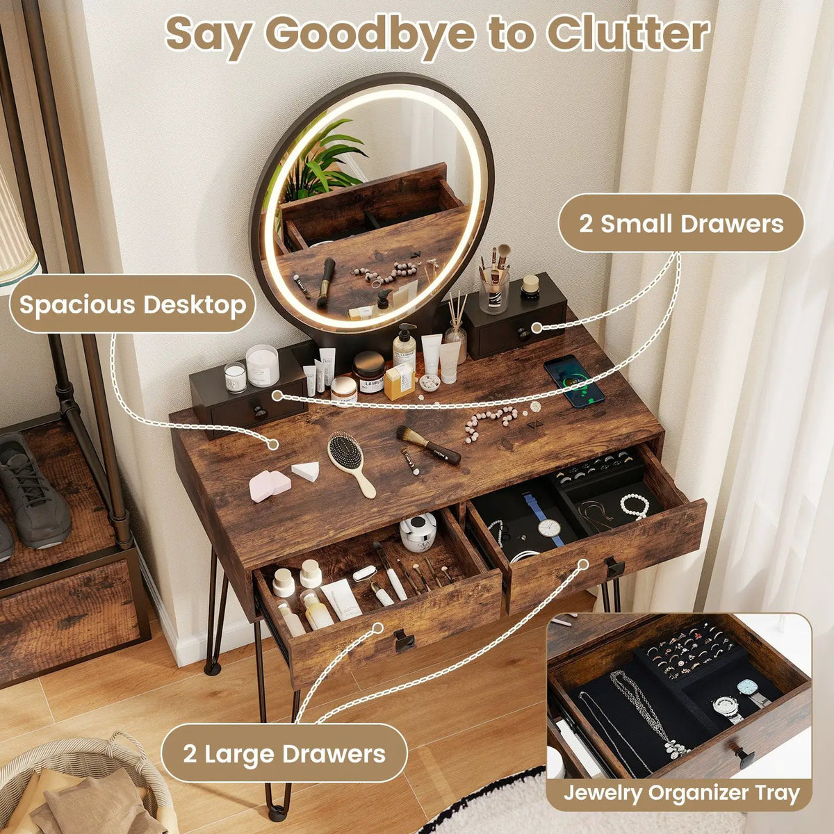 Vanity Table Set with 3-Color Lighted Dimmable Mirror, photo 6 of 9