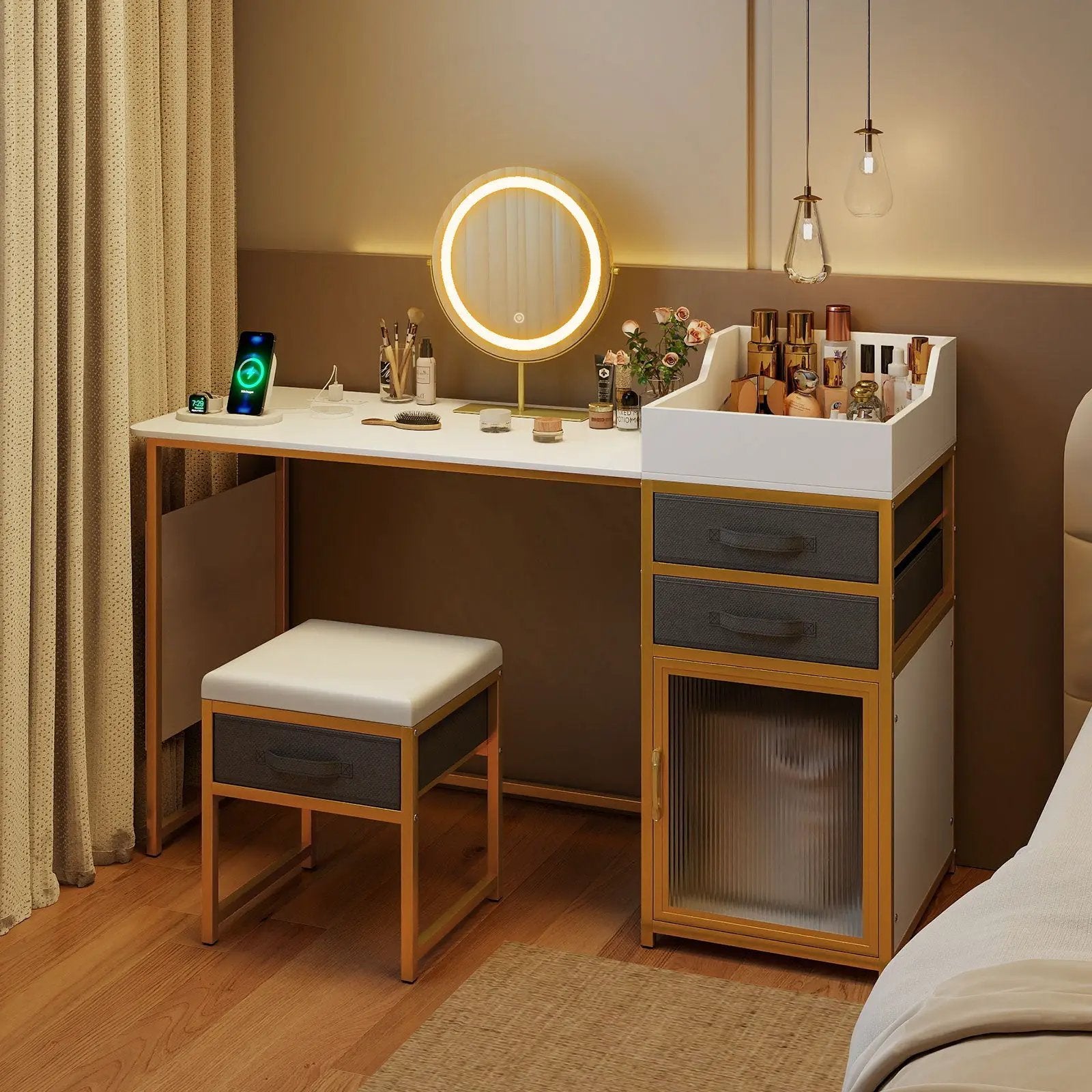 Vanity Desk with Rotatable Lighted Mirror 55 Inch Makeup Vanity Table-White by DirectDeals