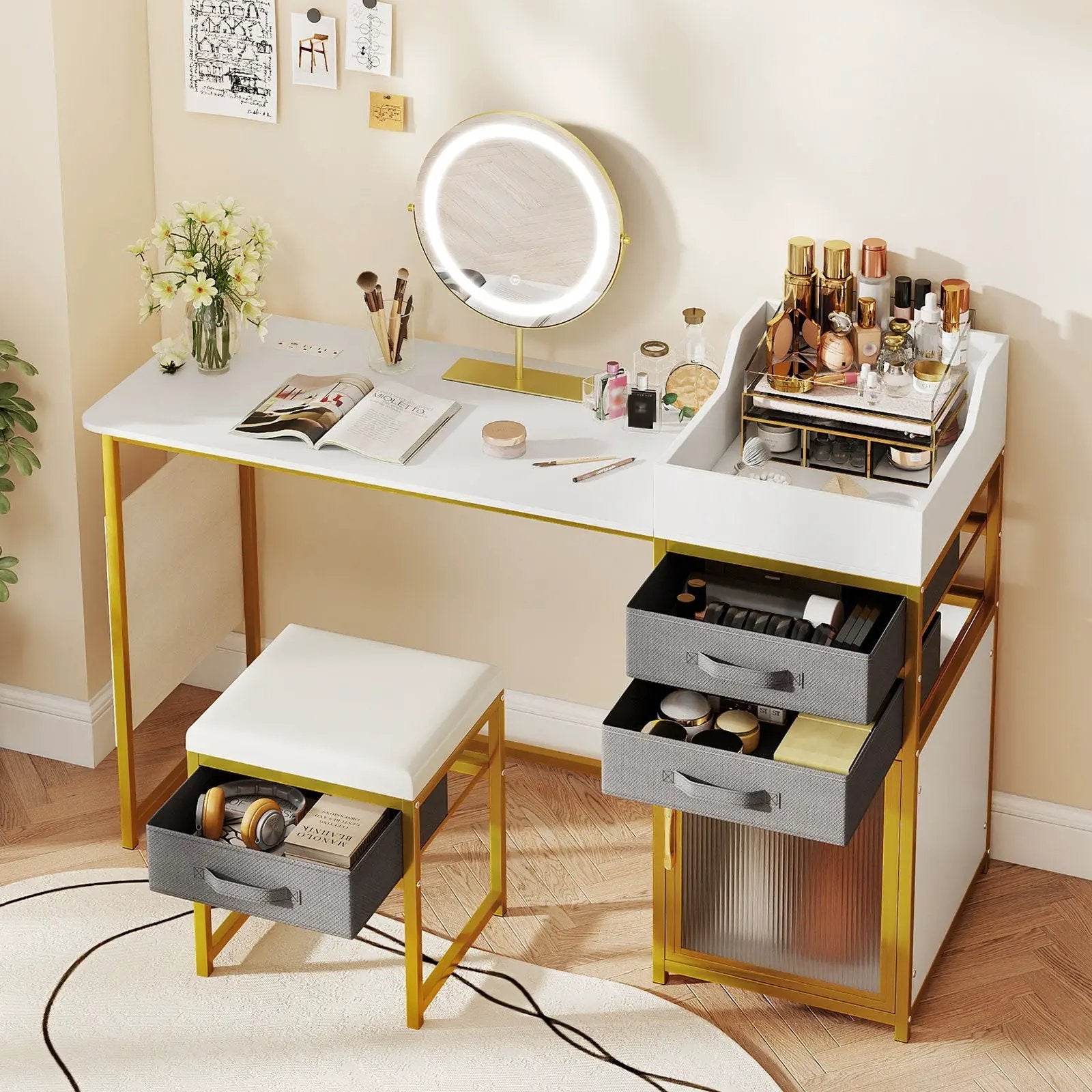 Vanity Desk with Rotatable Lighted Mirror 55 Inch Makeup Vanity Table-White by DirectDeals