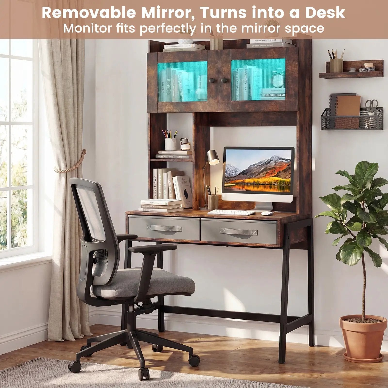 Vanity Desk with Rotatable Mirror and Lights Modern Dressing Table with 3 Light Colors-Brown by DirectDeals