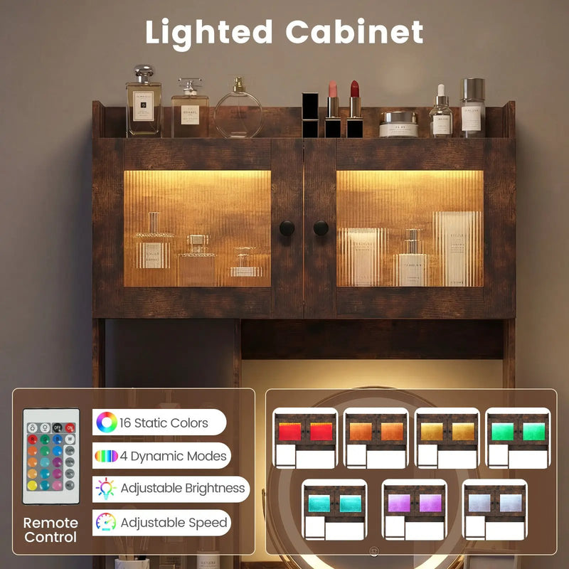 Vanity Desk with Rotatable Mirror and Lights Modern Dressing Table with 3 Light Colors-Brown by DirectDeals
