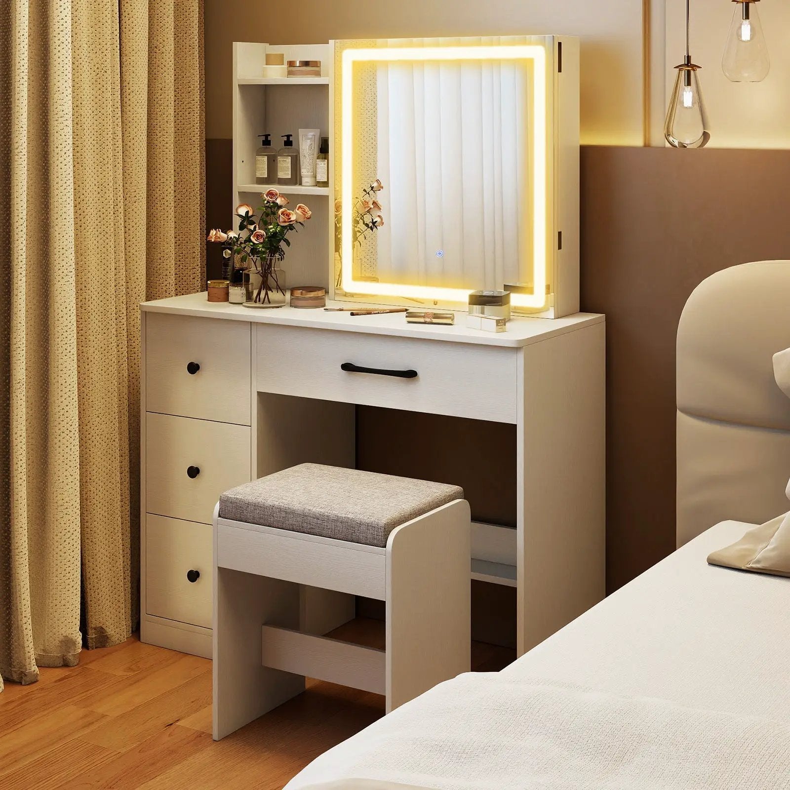 Vanity Desk with Sliding Mirror and Lights Makeup Table and Chair Set with 4 Drawers-White by DirectDeals