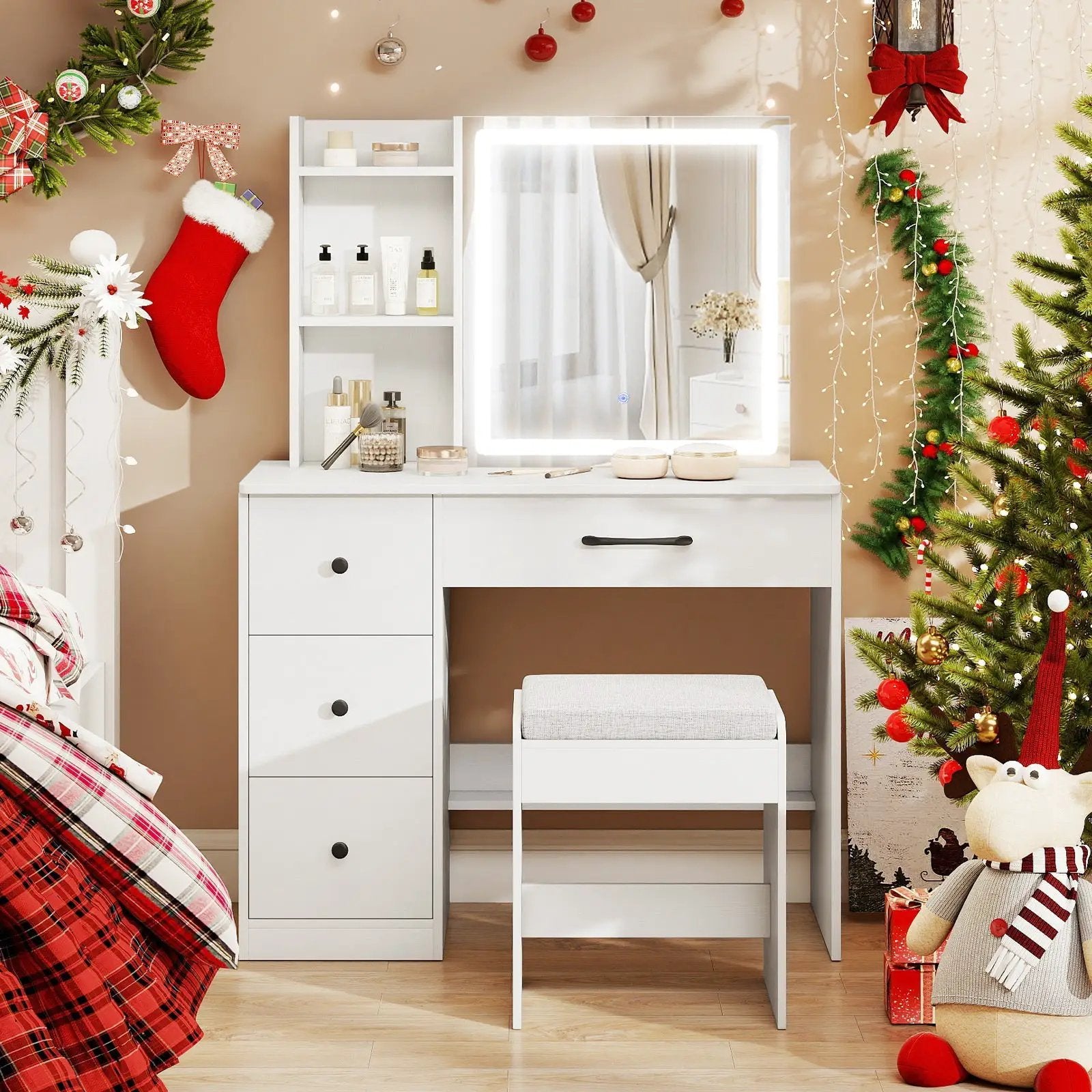 Vanity Desk with Sliding Mirror and Lights Makeup Table and Chair Set with 4 Drawers-White by DirectDeals
