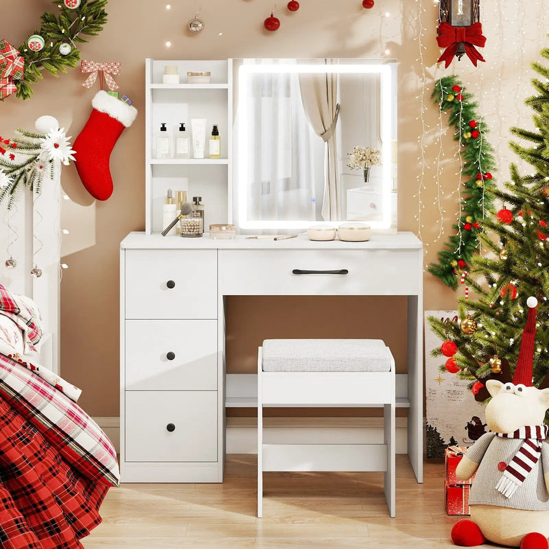 Vanity Desk with Sliding Mirror and Lights Makeup Table and Chair Set with 4 Drawers-White by DirectDeals