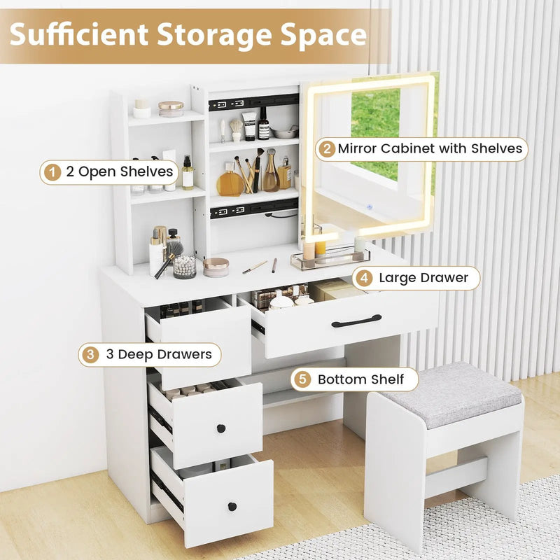 Vanity Desk with Sliding Mirror and Lights Makeup Table and Chair Set with 4 Drawers-White by DirectDeals