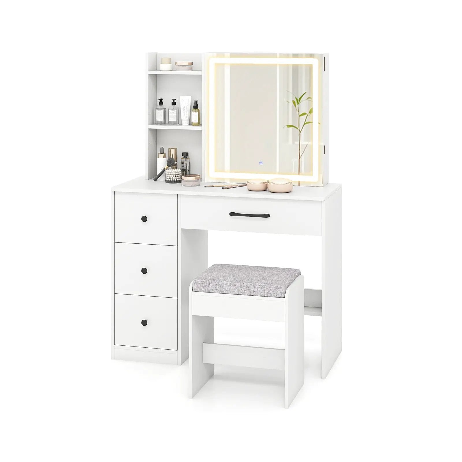 Vanity Desk with Sliding Mirror and Lights Makeup Table and Chair Set with 4 Drawers-White by DirectDeals