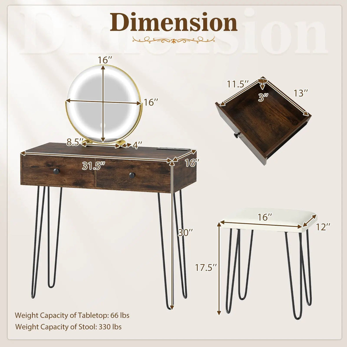 Vanity Desk with with Lighted Adjustable Mirror for Bedroom, photo 10 of 16