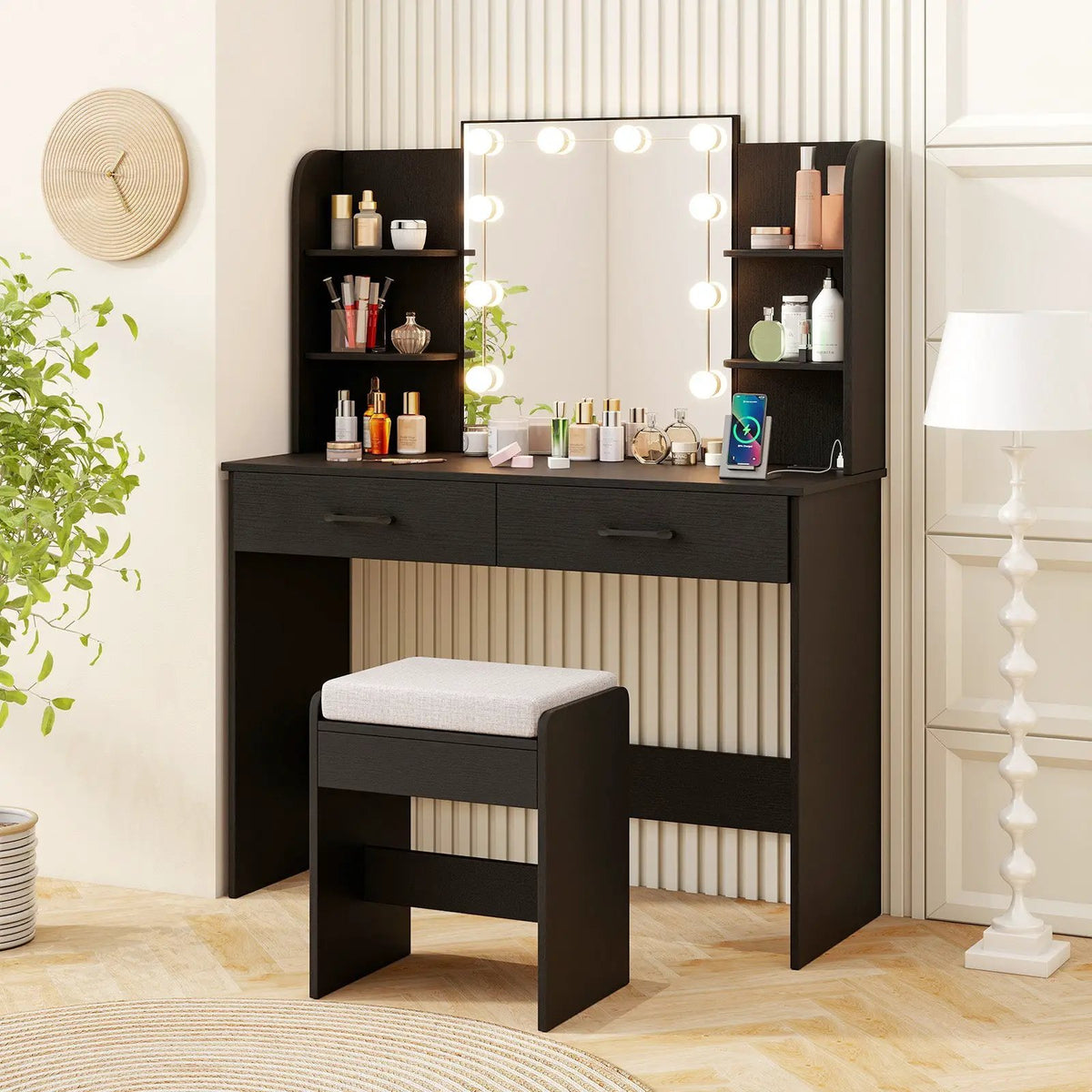 Vanity Set with Lighted Mirror and Stool with Power Outlet