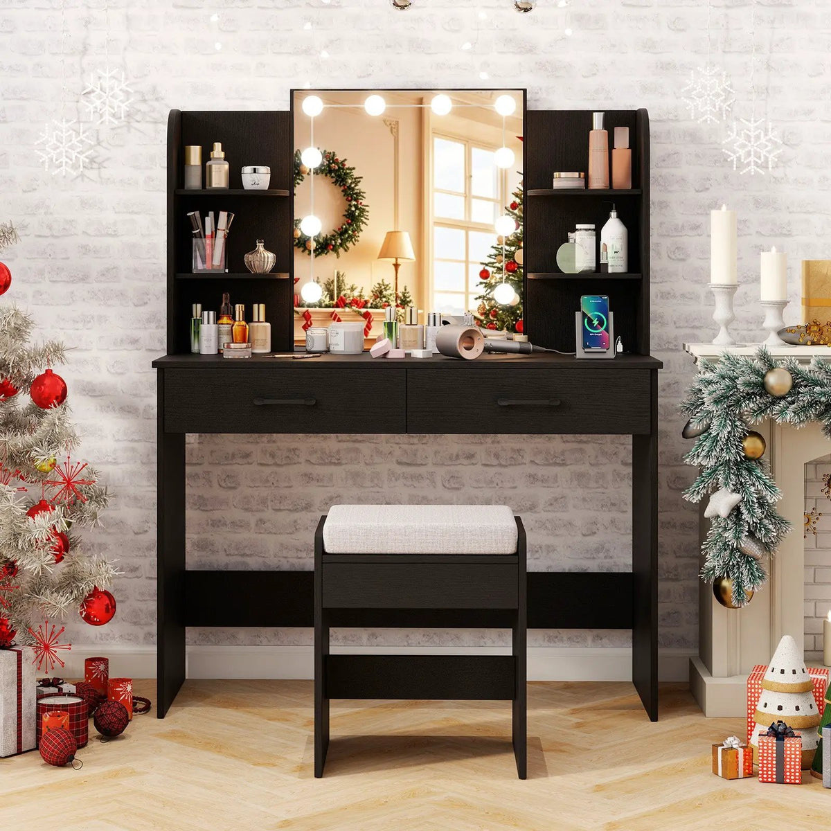 Vanity Set with Lighted Mirror and Stool with Power Outlet, photo 2 of 9