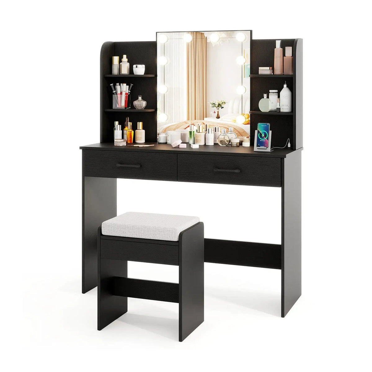 Vanity Set with Lighted Mirror and Stool with Power Outlet, photo 3 of 9