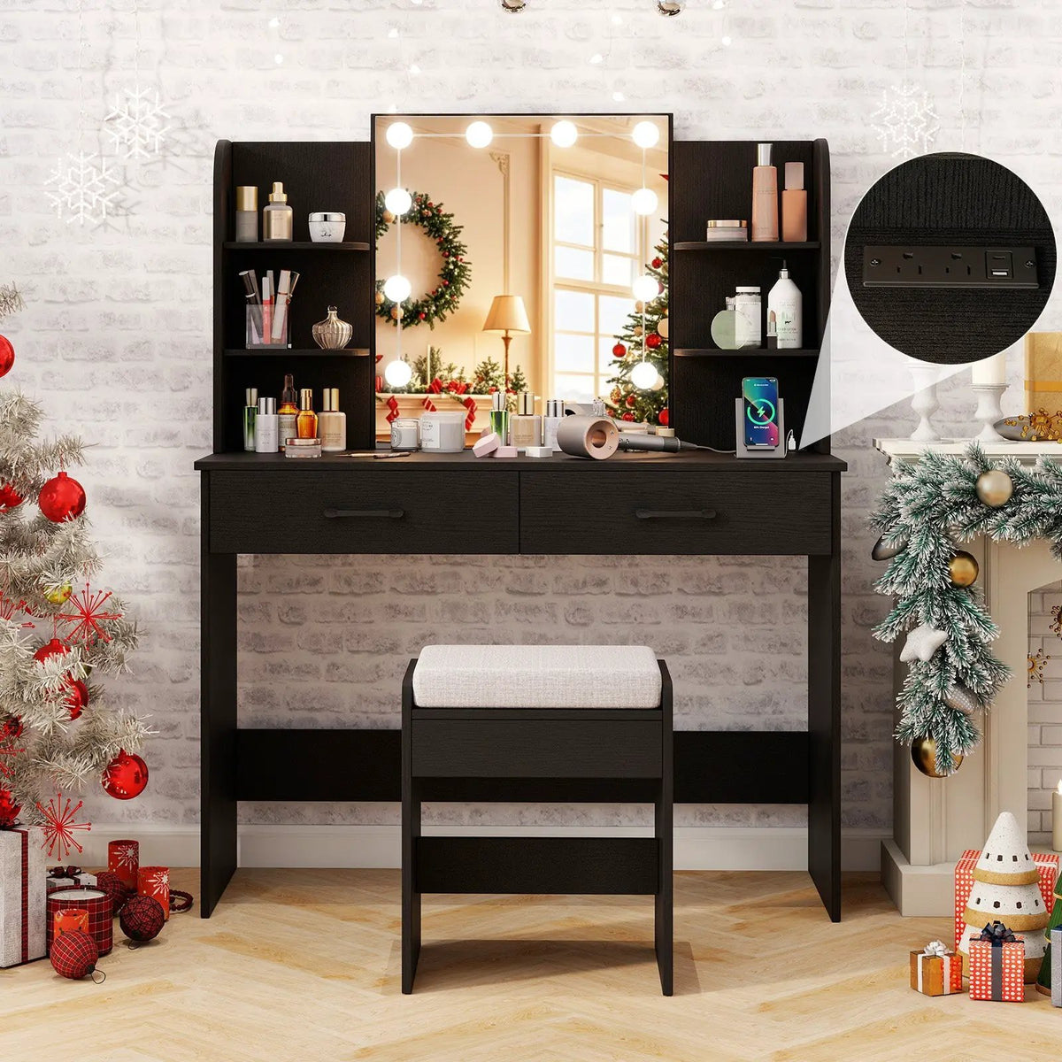 Vanity Set with Lighted Mirror and Stool with Power Outlet, photo 5 of 9