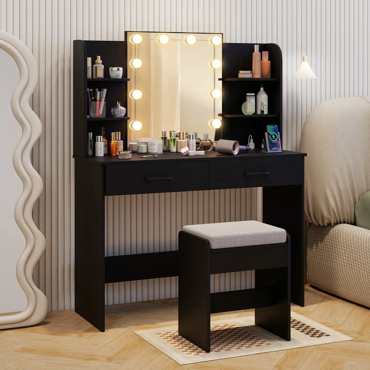 Vanity Set with Lighted Mirror and Stool with Power Outlet, photo 6 of 9