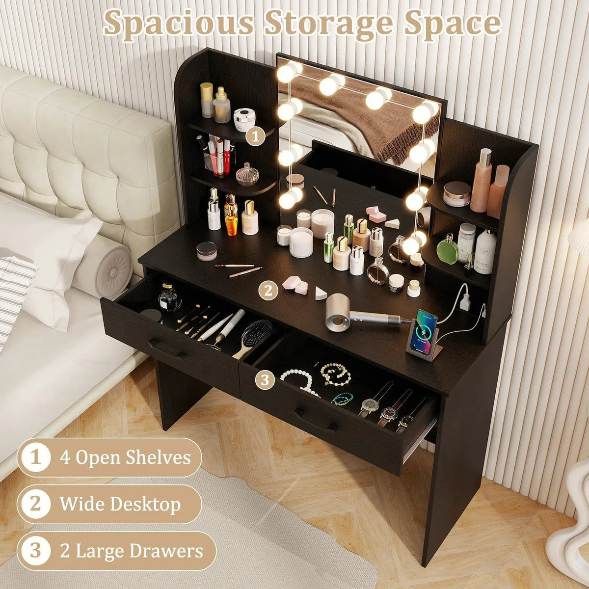 Vanity Set with Lighted Mirror and Stool with Power Outlet, photo 7 of 9