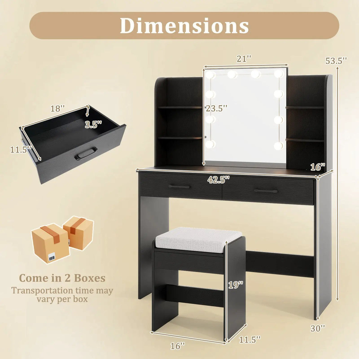 Vanity Set with Lighted Mirror and Stool with Power Outlet, photo 4 of 9