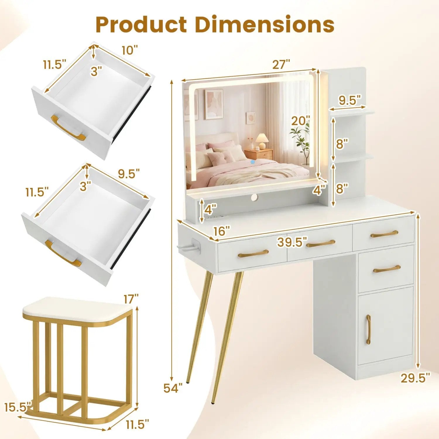 Vanity Set with Mirror and Lights and Table with Adjustable Brightness-White by DirectDeals