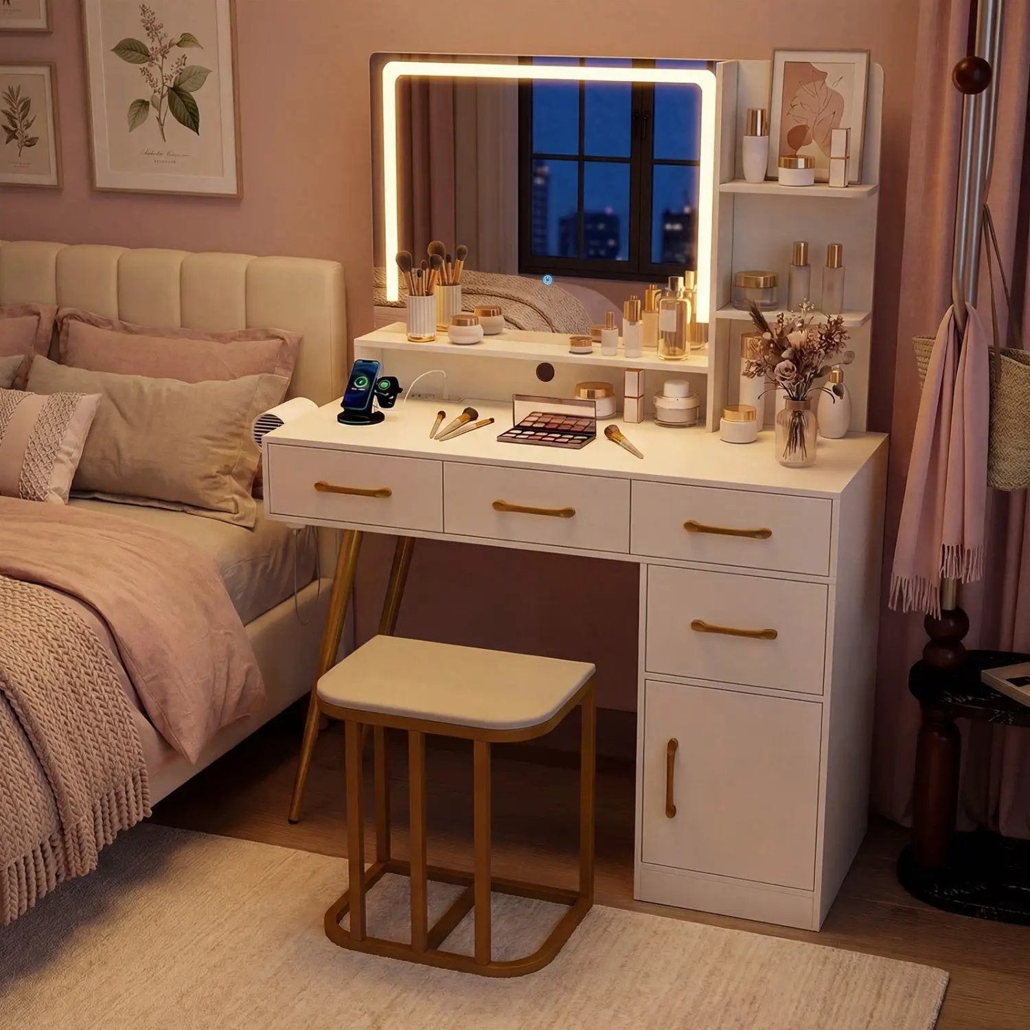 Vanity Set with Mirror and Lights and Table with Adjustable Brightness-White by DirectDeals