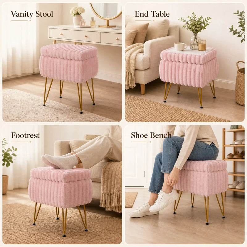 Vanity Stool with Storage and Reversible Lid - Pink by DirectDeals