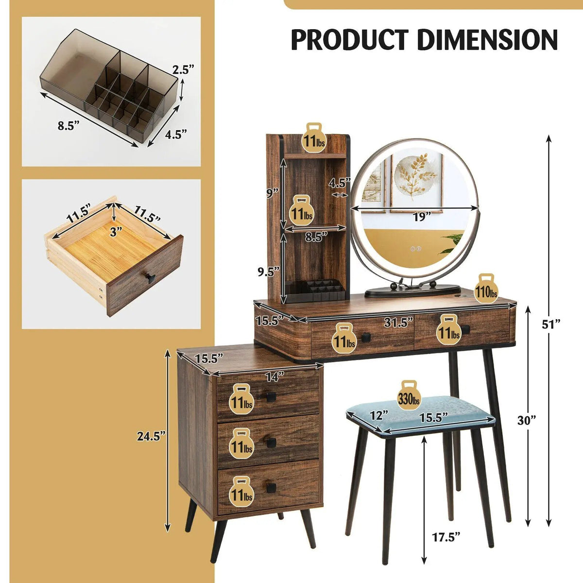 Vanity Table Set with 3-Color Lighted Mirror and Cushioned Stool, dimensions drawing
