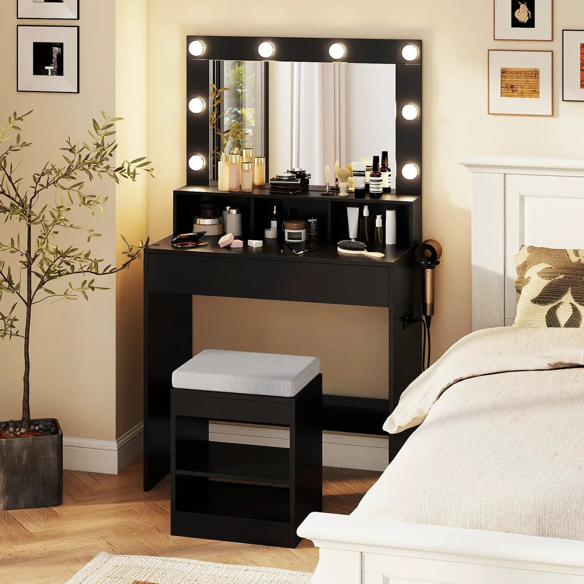 Vanity Table Set with Lighted Mirror and Cushion Stool, photo 3 of 16