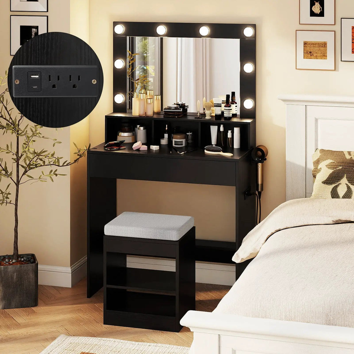 Vanity Table Set with Lighted Mirror and Cushion Stool, photo 11 of 16