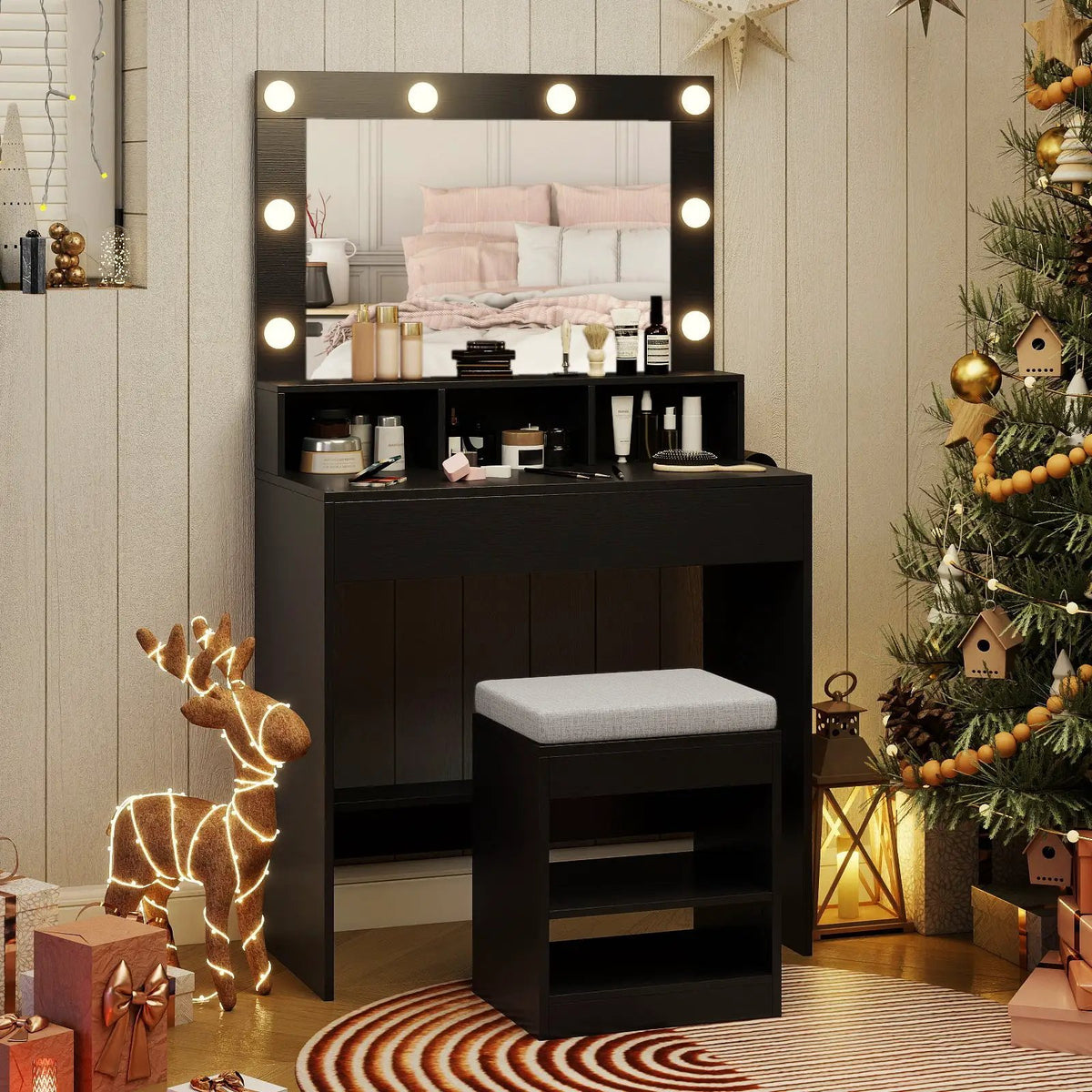 Vanity Table Set with Lighted Mirror and Cushion Stool