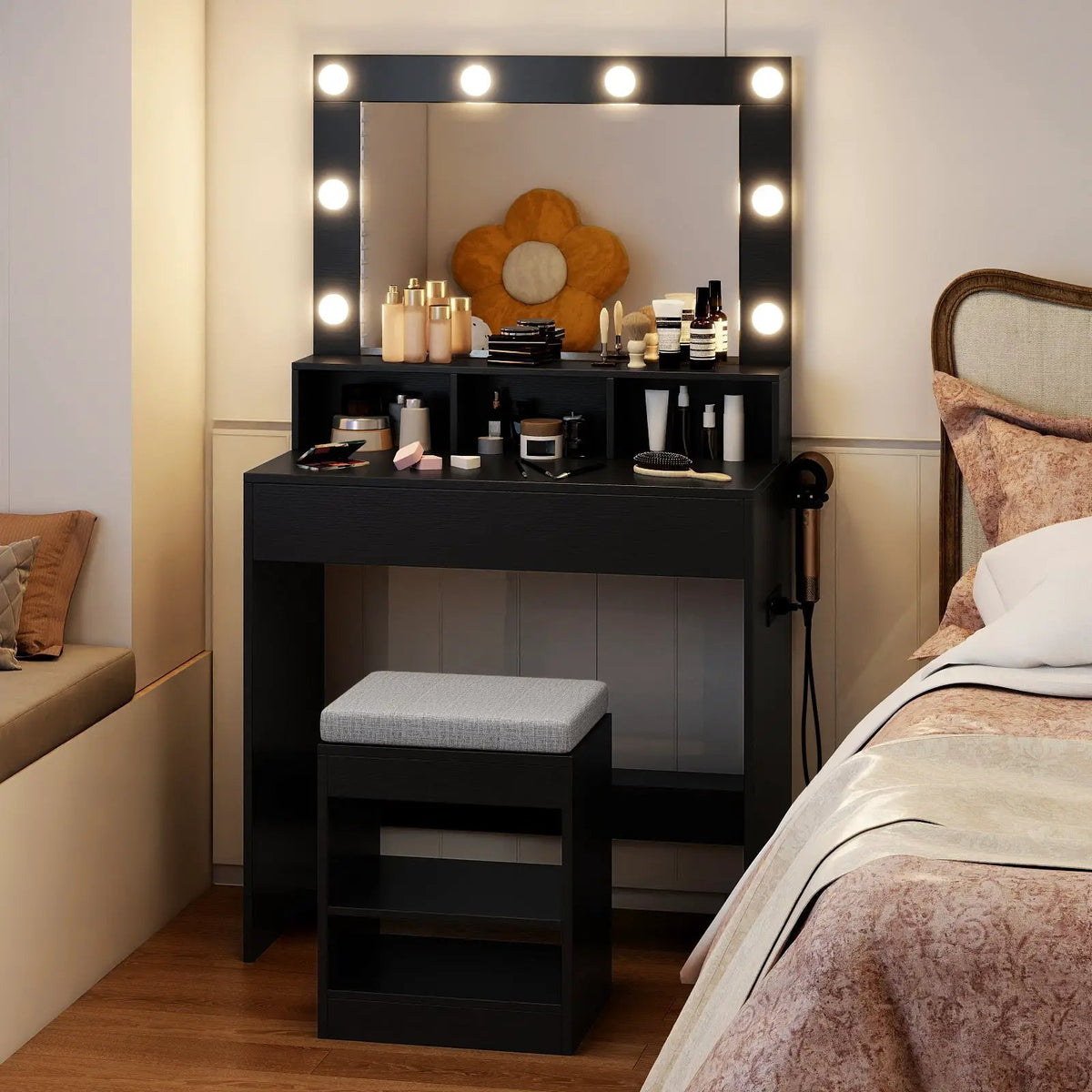 Vanity Table Set with Lighted Mirror and Cushion Stool, photo 13 of 16
