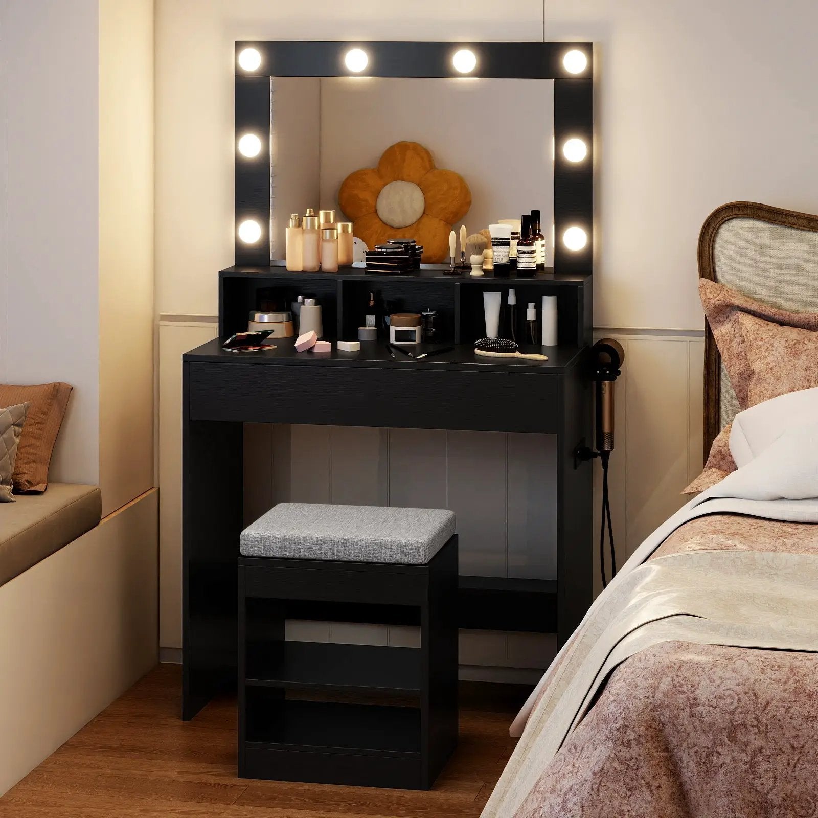 Vanity Table Set with Lighted Mirror and Cushion Stool by DirectDeals