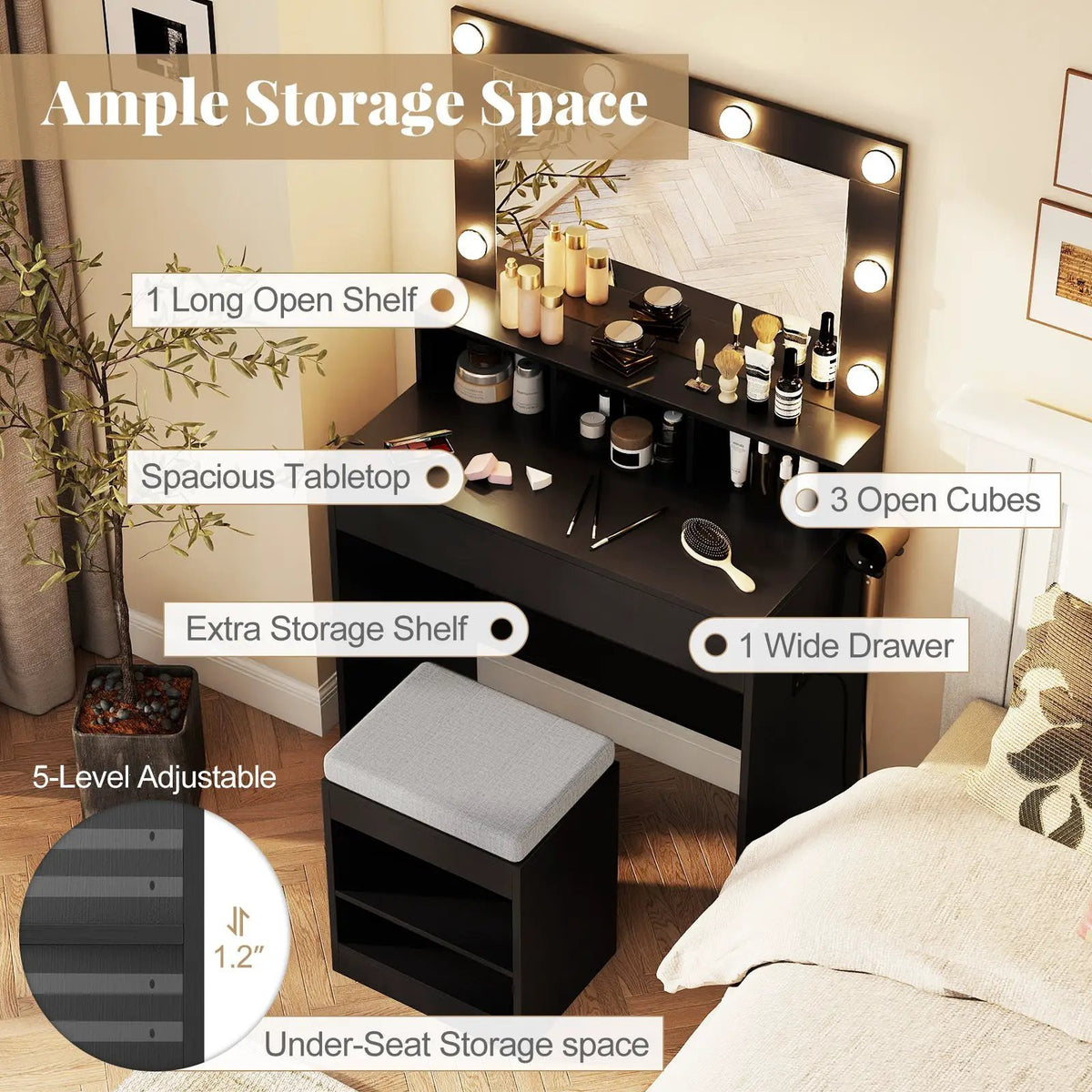 Vanity Table Set with Lighted Mirror and Cushion Stool, photo 15 of 16