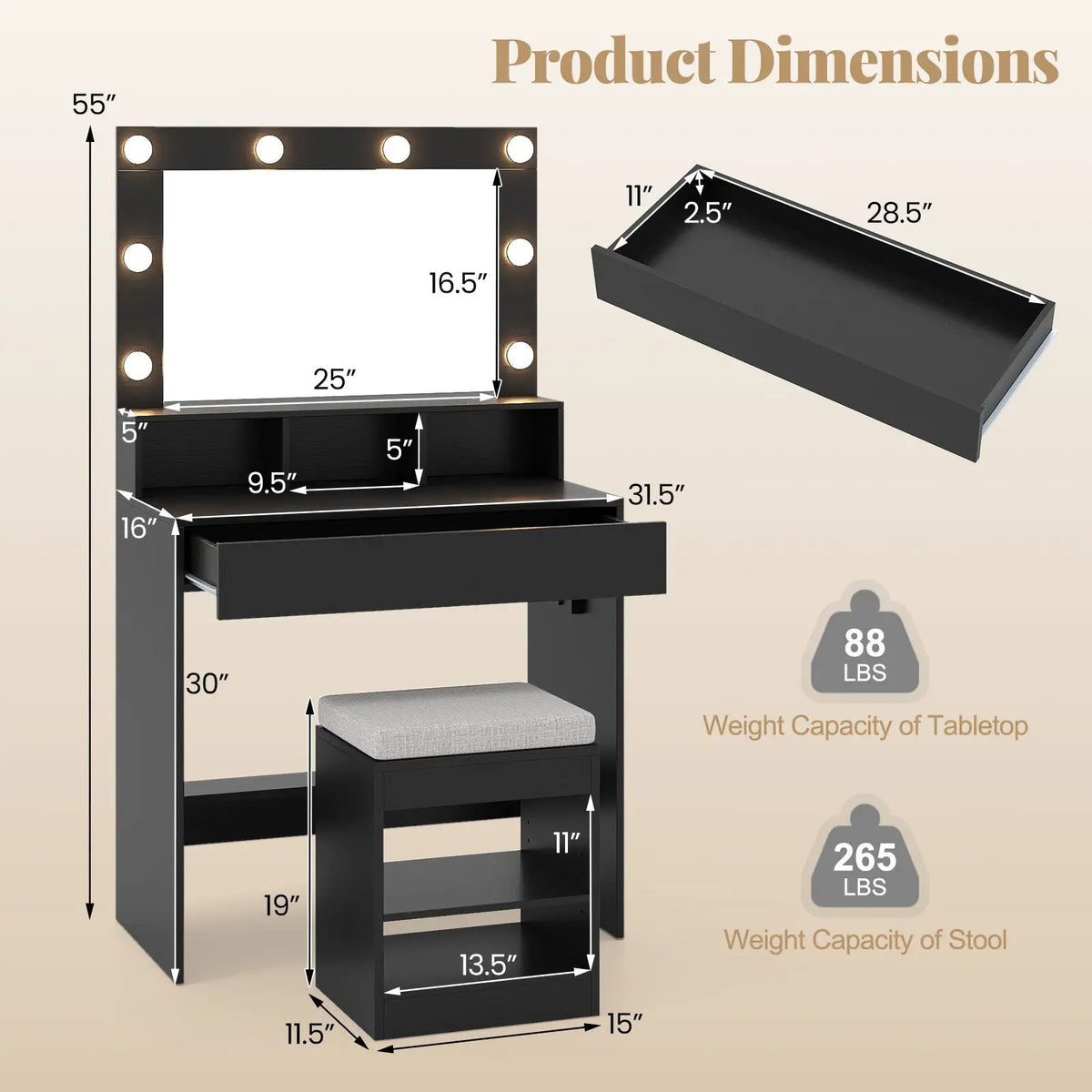 Vanity Table Set with Lighted Mirror and Cushion Stool, photo 9 of 16