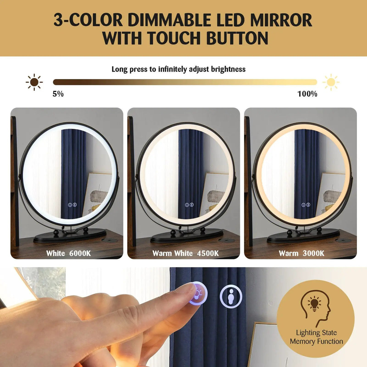 Vanity Table Set with 3-Color Lighted Mirror and Cushioned Stool, photo 5 of 9