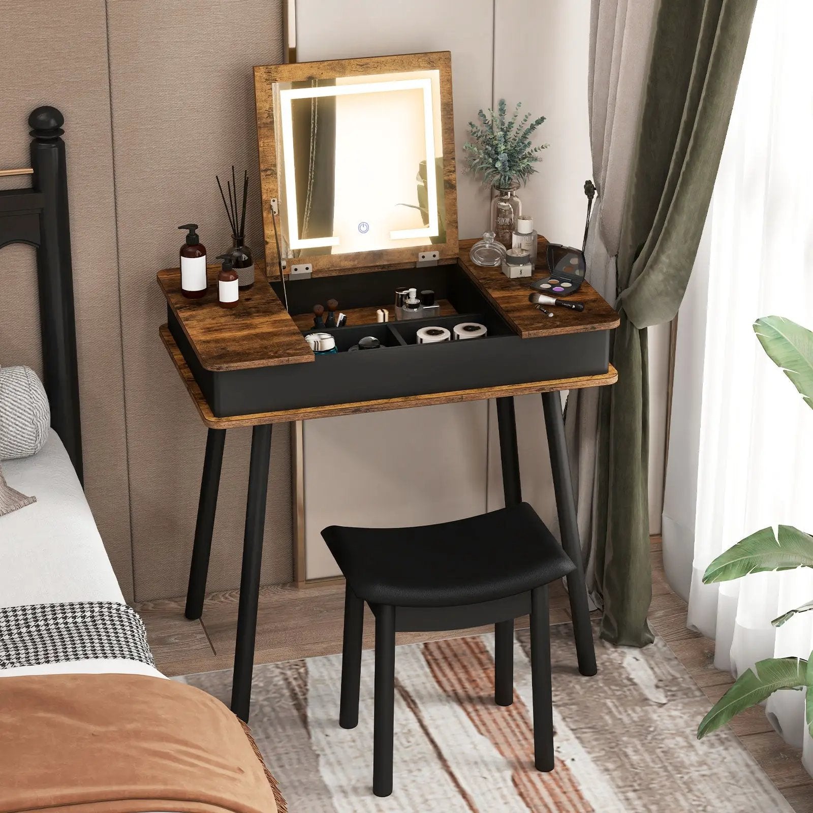 Vanity Table Set with Flip Top Mirror Lights USB Writing Desk and Stool-Brown by DirectDeals