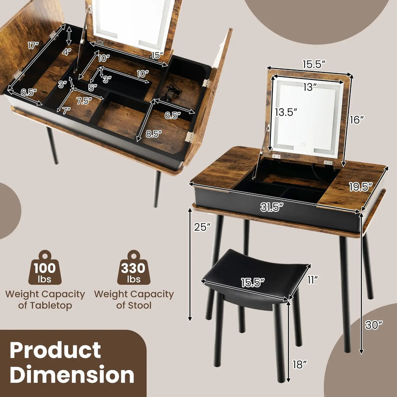 Vanity Table Set with Flip Top Mirror Lights USB Writing Desk and Stool-Brown by DirectDeals