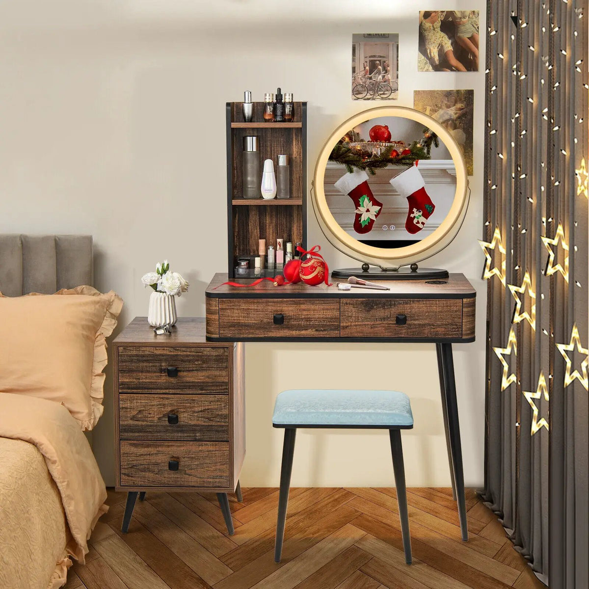 Vanity Table Set with 3-Color Lighted Mirror and Cushioned Stool, photo 6 of 9