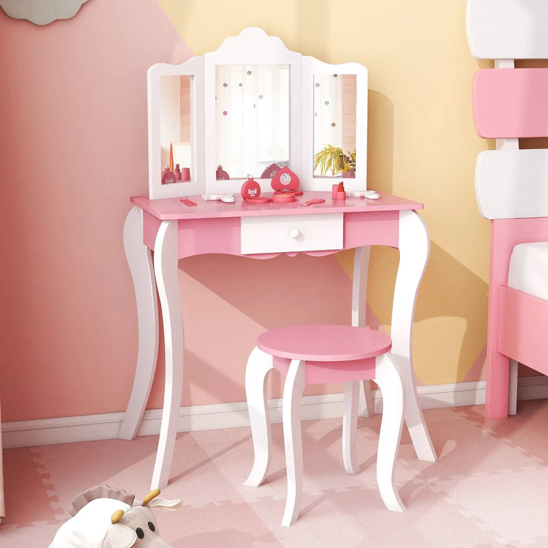 Kid's Wooden Vanity Table and Stool Set with 3-Panel Acrylic Mirror-White by DirectDeals