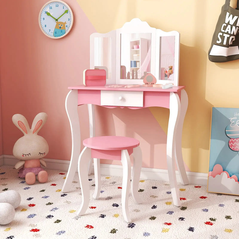 Kid's Wooden Vanity Table and Stool Set with 3-Panel Acrylic Mirror-White by DirectDeals