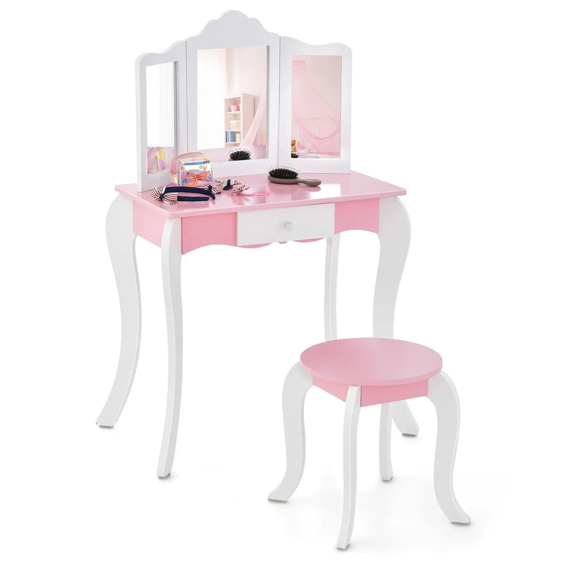 Kid's Wooden Vanity Table and Stool Set with 3-Panel Acrylic Mirror-White by DirectDeals