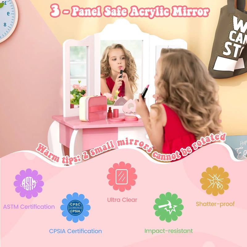 Kid's Wooden Vanity Table and Stool Set with 3-Panel Acrylic Mirror-White by DirectDeals