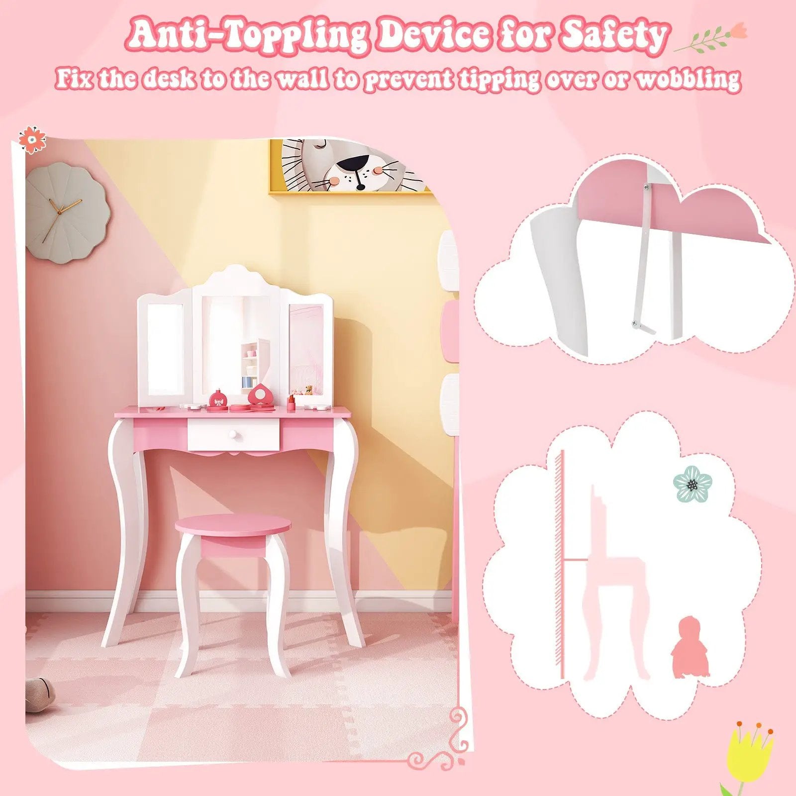Kid's Wooden Vanity Table and Stool Set with 3-Panel Acrylic Mirror-White by DirectDeals