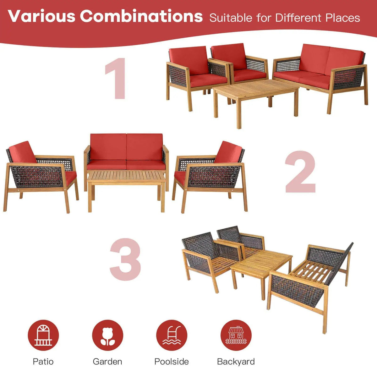 4 Pieces Patio Rattan Furniture Set with Removable Cushions, photo 3 of 11