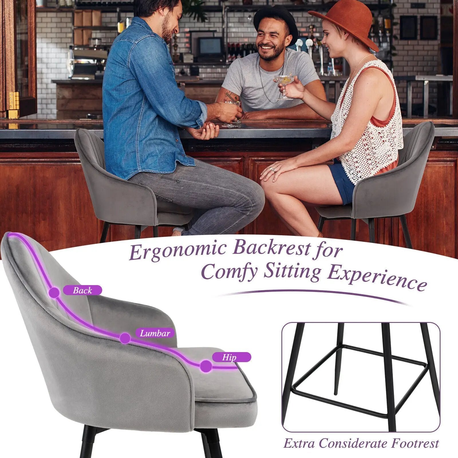 2 Pieces 29.5 Inch Pub Height Swivel Velvet Bar Stools with Metal Legs-Gray by DirectDeals