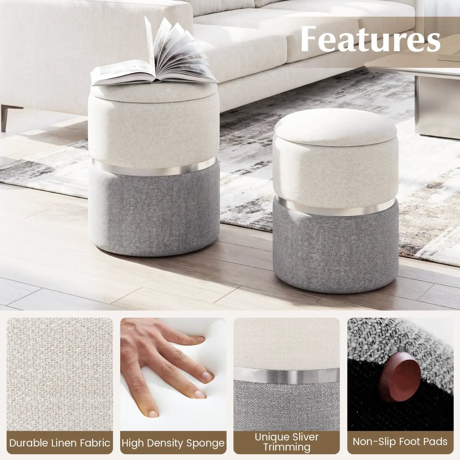 Velvet/Linen Fabric Storage Ottoman Set of 2 by DirectDeals