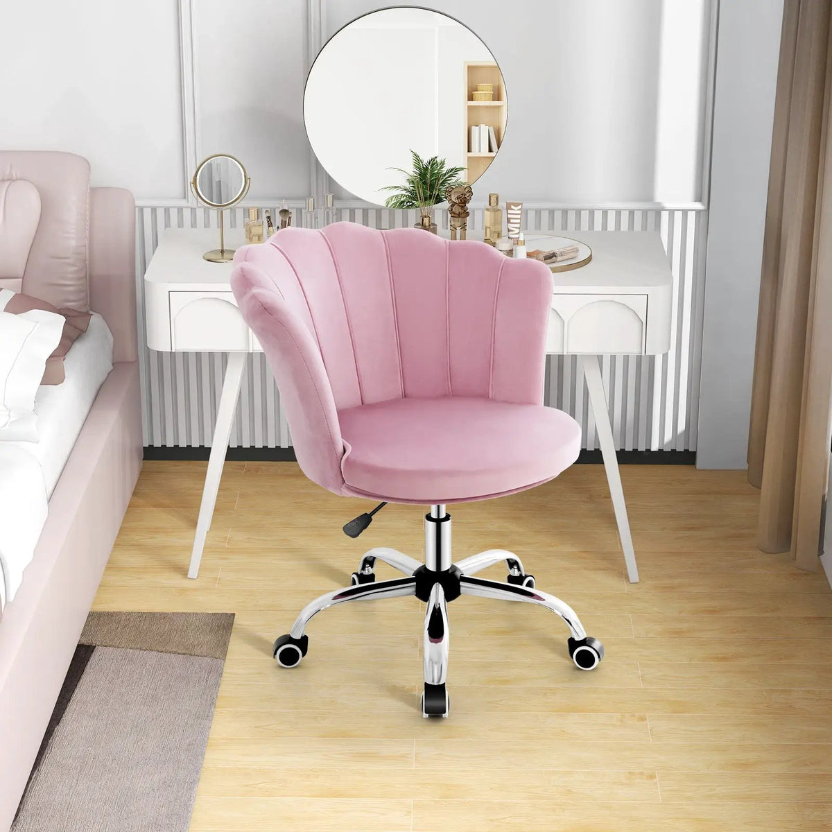 Upholstered Velvet Kids Desk Chair with Wheels and Seashell Back