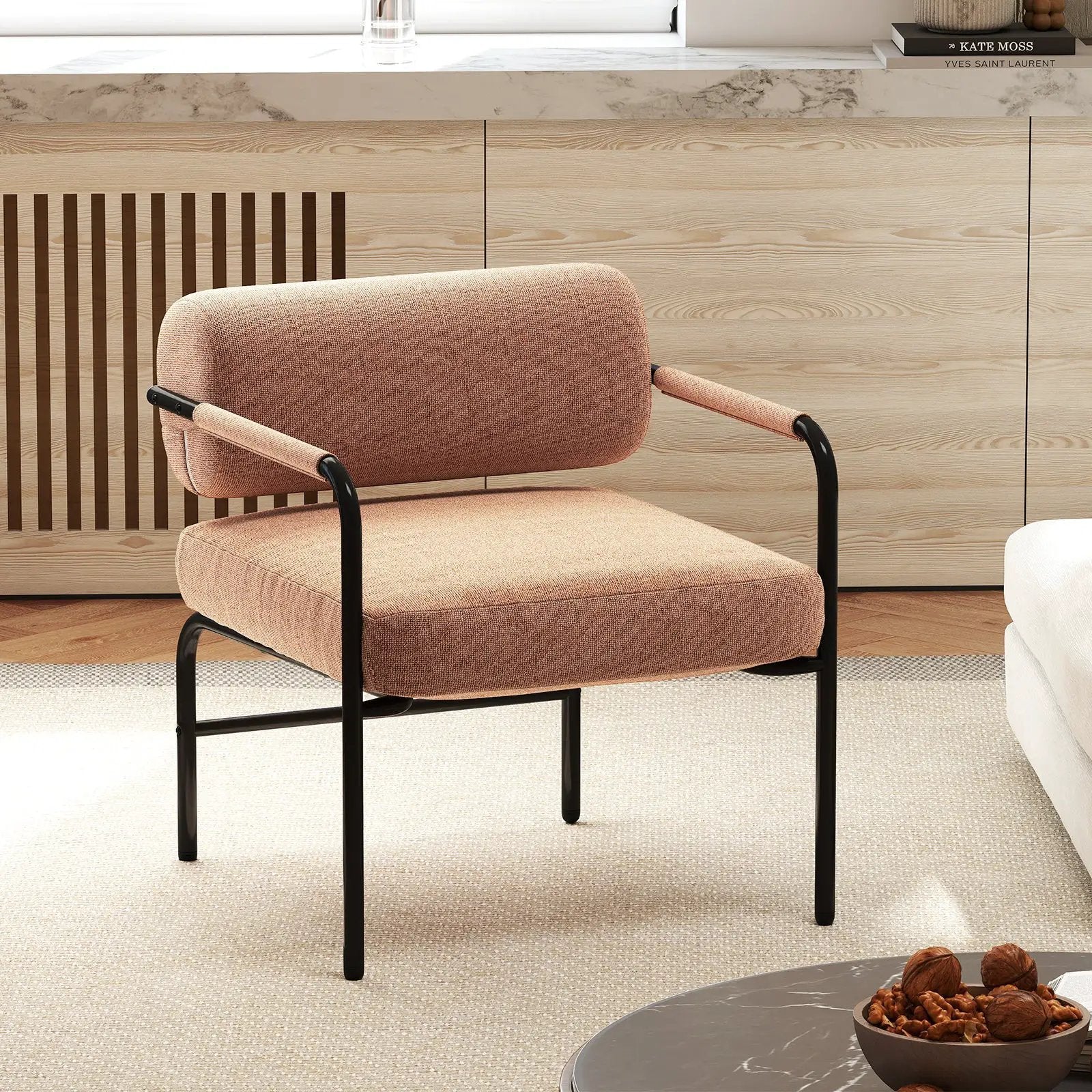 Velvet Upholstered Accent Chair with Cylindrical Backrest and Metal Armrests by DirectDeals