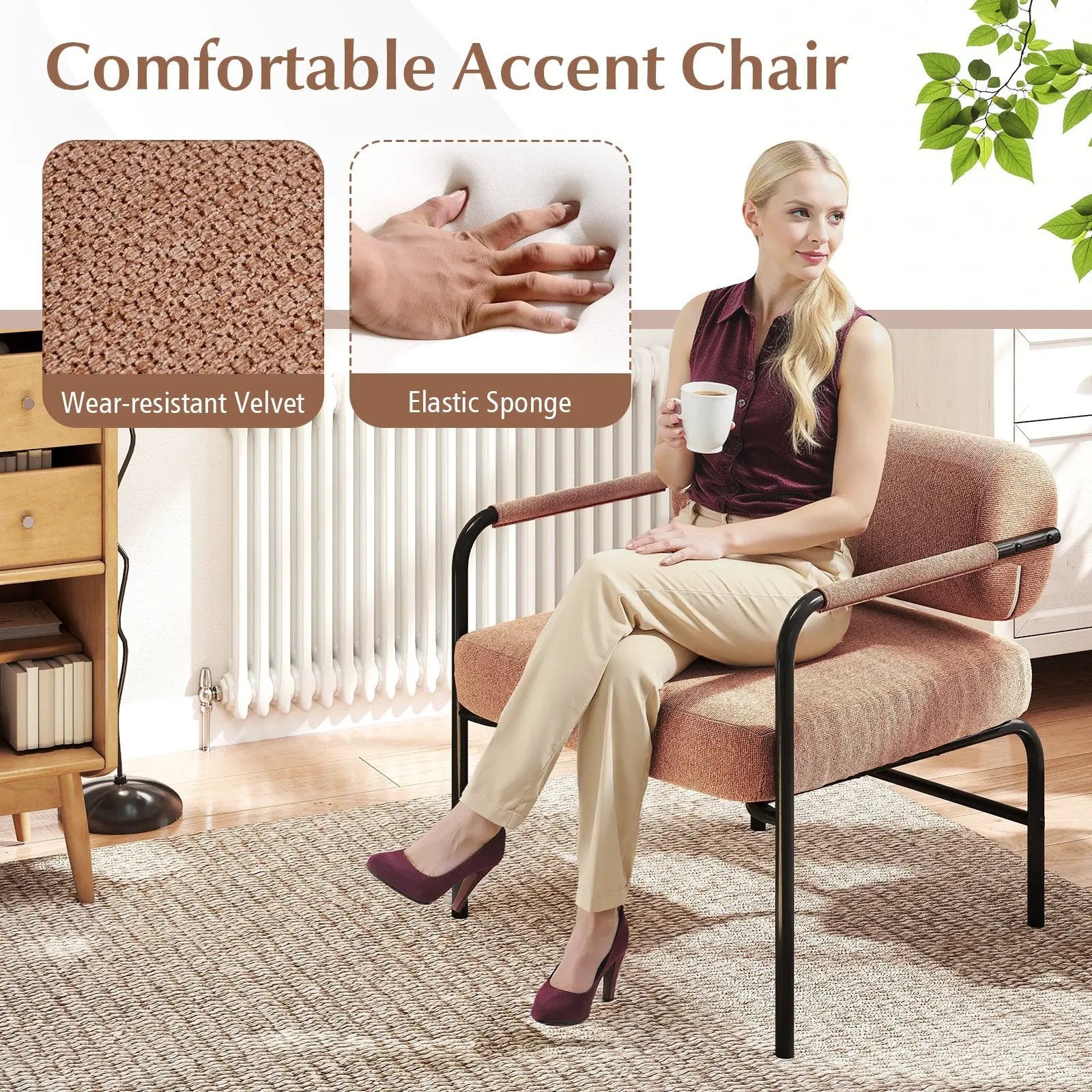 Velvet Upholstered Accent Chair with Cylindrical Backrest and Metal Armrests by DirectDeals