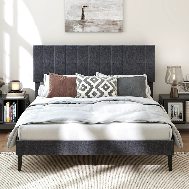 Velvet Upholstered Platform Bed with Height Adjustable Vertical Channel Headboard by DirectDeals