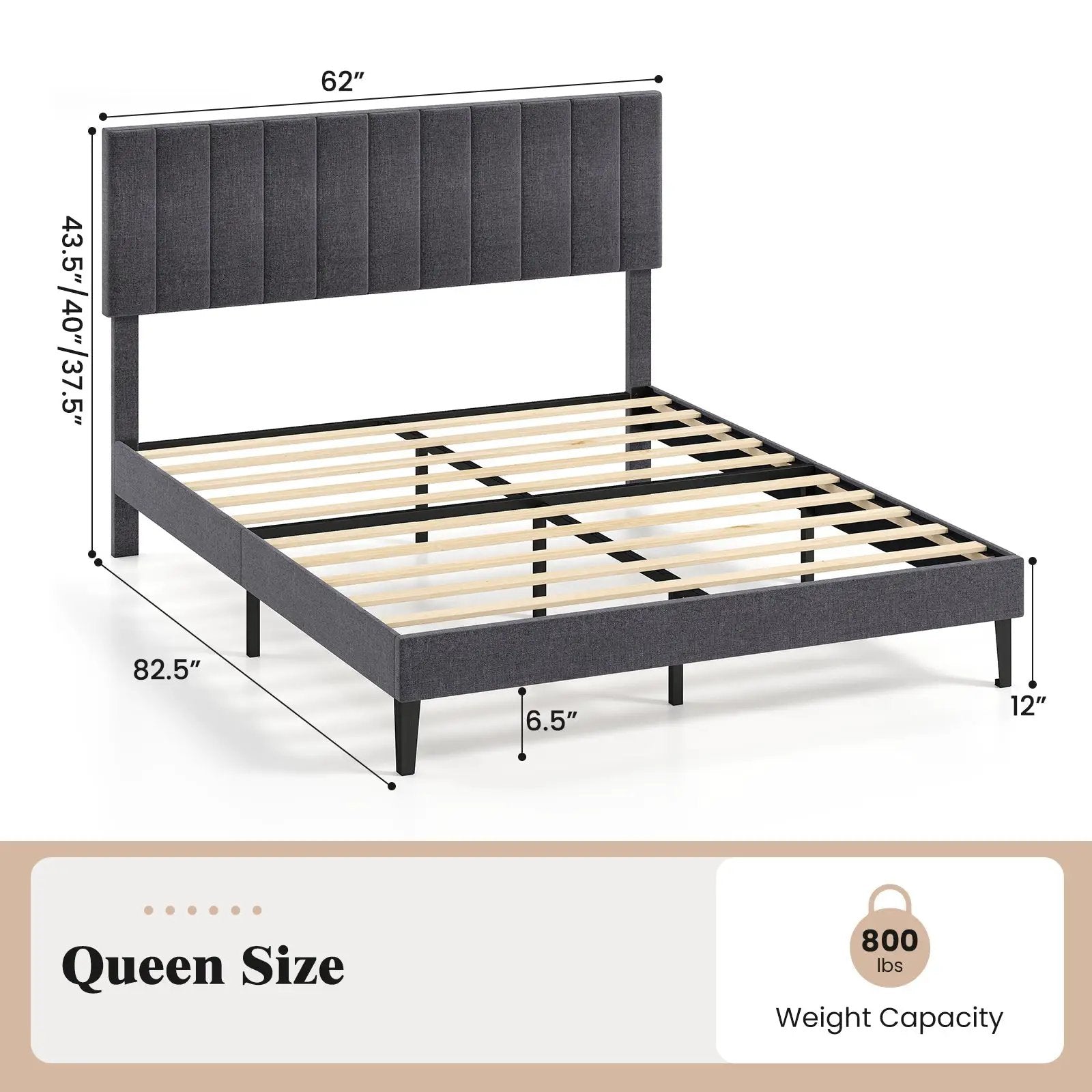 Velvet Upholstered Platform Bed with Height Adjustable Vertical Channel Headboard by DirectDeals