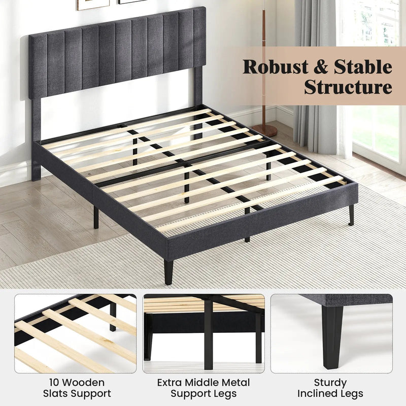 Velvet Upholstered Platform Bed with Height Adjustable Vertical Channel Headboard by DirectDeals