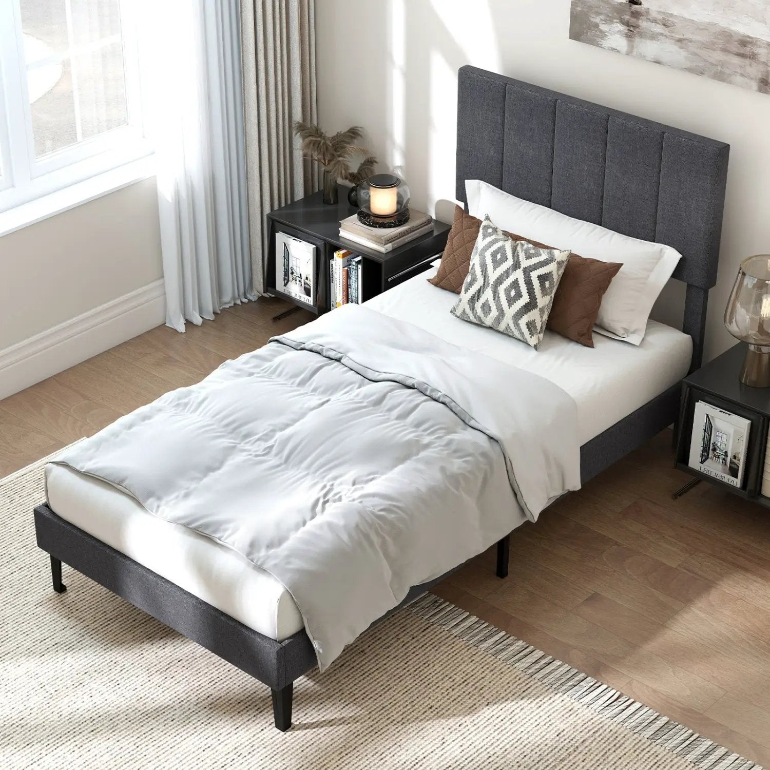 Upholstered Platform Bed with Adjustable Headboard - Twin Size by DirectDeals