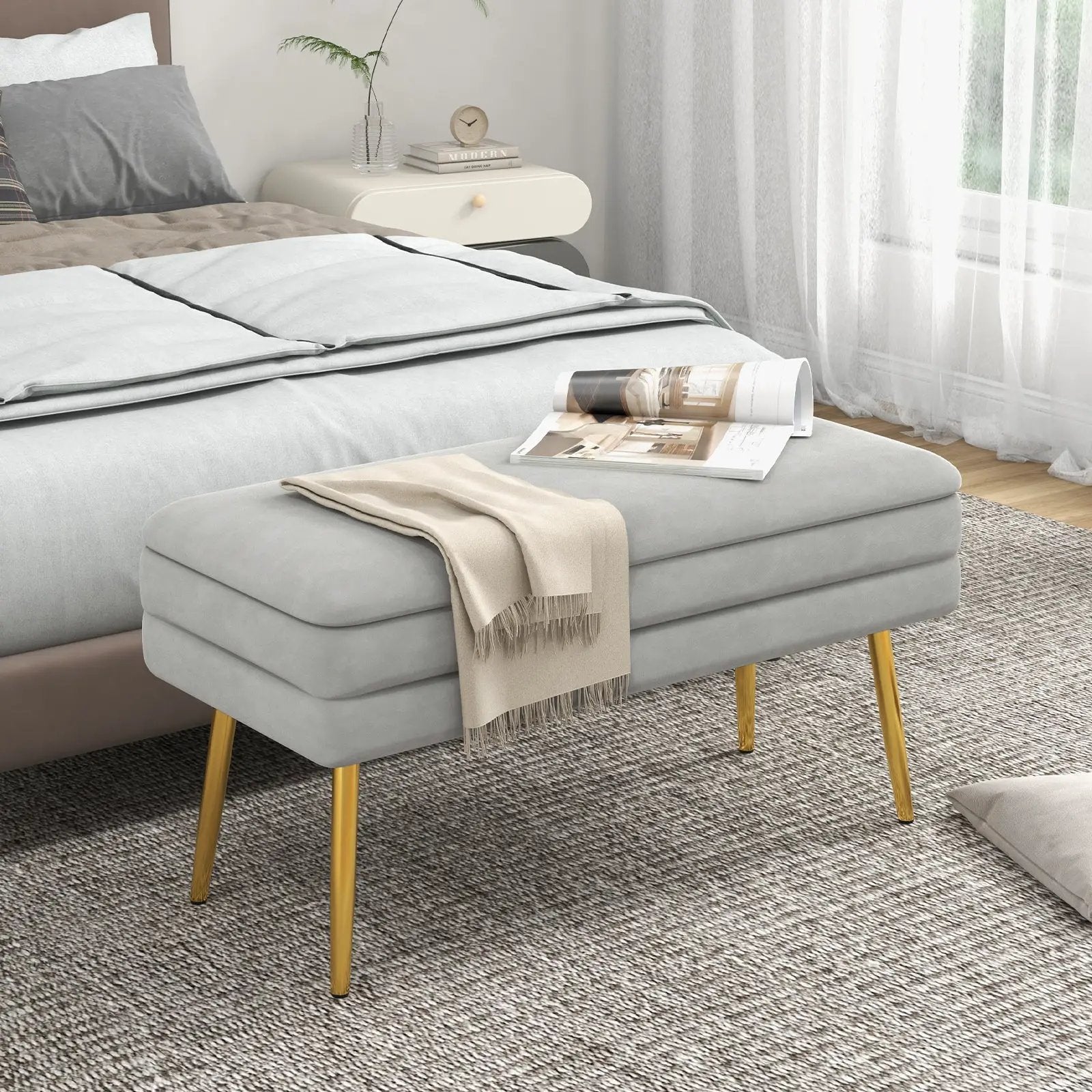 Velvet Upholstered Storage Bench with Removable Top-Grey by DirectDeals